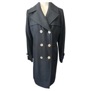 Michael Kors Black Wool Blend Double Breasted Trench Coat Brass Buttons